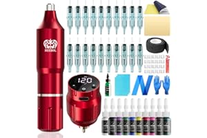 Neebol Wireless Tattoo Gun Kit, Rotary Tattoo Pen with 1500mAh Battery, Screen Display, 20 Cartridge Needles, 10 Inks, Complete Tattoo Gun Kit for Beginners and Professionals, Cordless Machine, Red