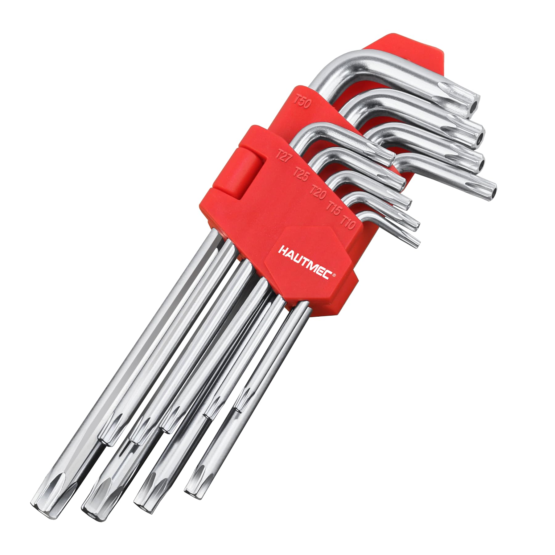 HAUTMEC Torx Allen Wrench Set, 9PCS Star Allen Key Set, T10-T50 Star Allan Wrench Sets, CR-V Steel, Drilled Tips for Tamper Resistant Fasteners, for Tightening or Loosening and Fixtures, HT0222-SS
