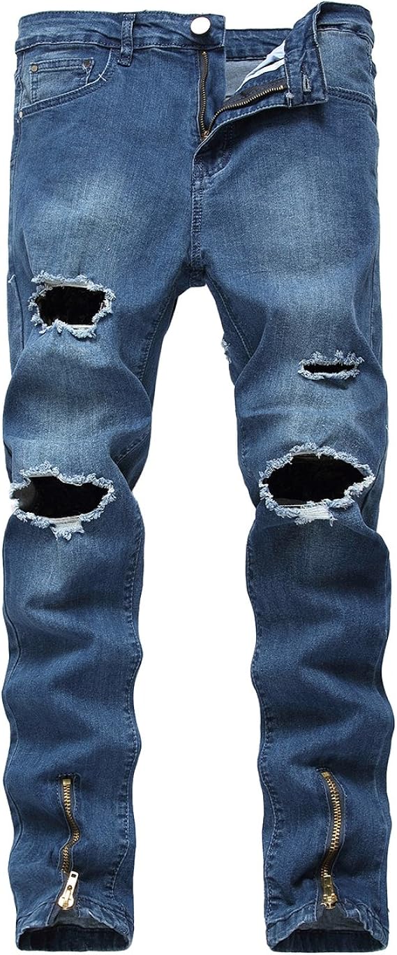 DSDZ Fashion Mens Ripped Hole Skinny Fit Blue Jeans with Bottom Zippers at Amazon Men’s Clothing