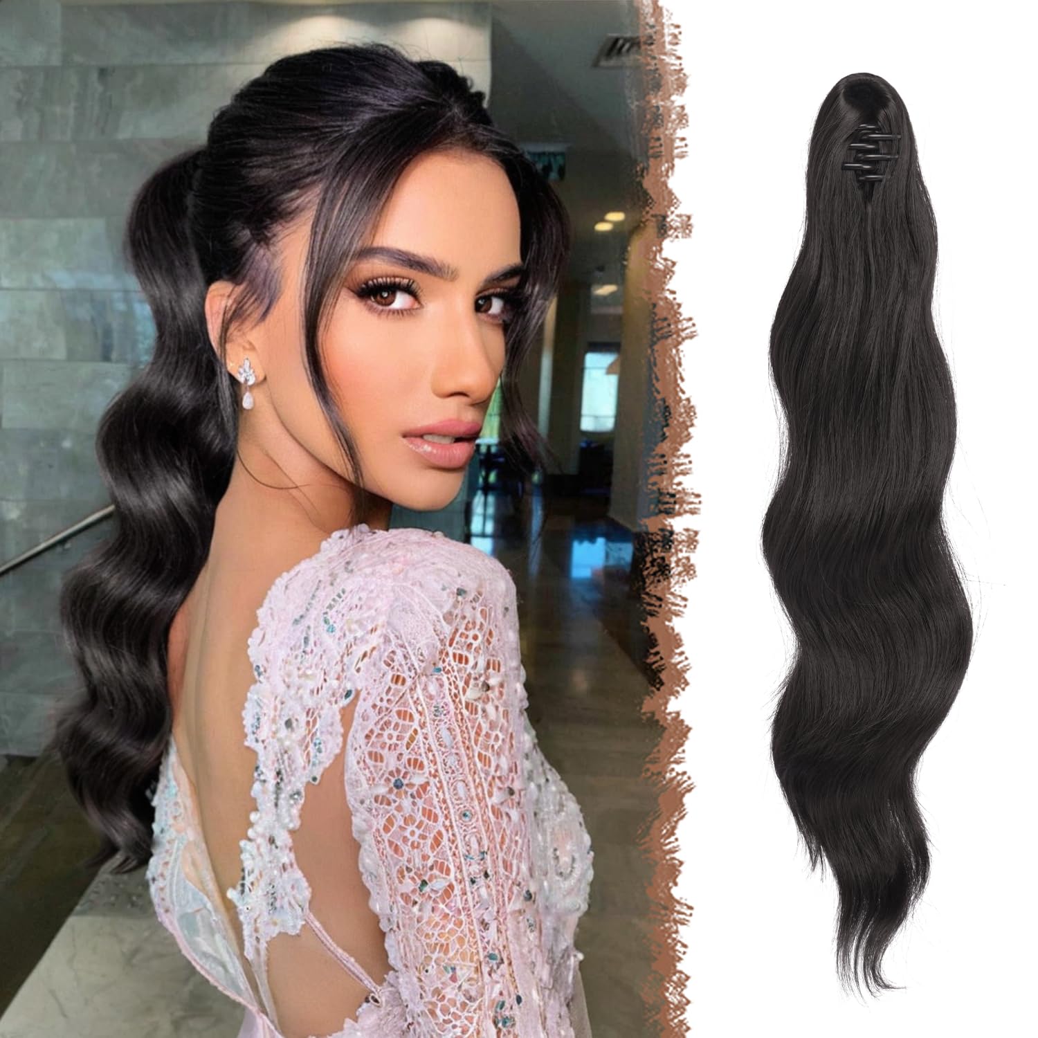 FESHFEN Ponytail Extensions 20 inch Long Wave Ponytail Claw Clip in Pony Tail Hair Extensions Wavy Ponytails with Claw Clip Synthetic Hairpieces for Women Girls Natural Black — image 1
