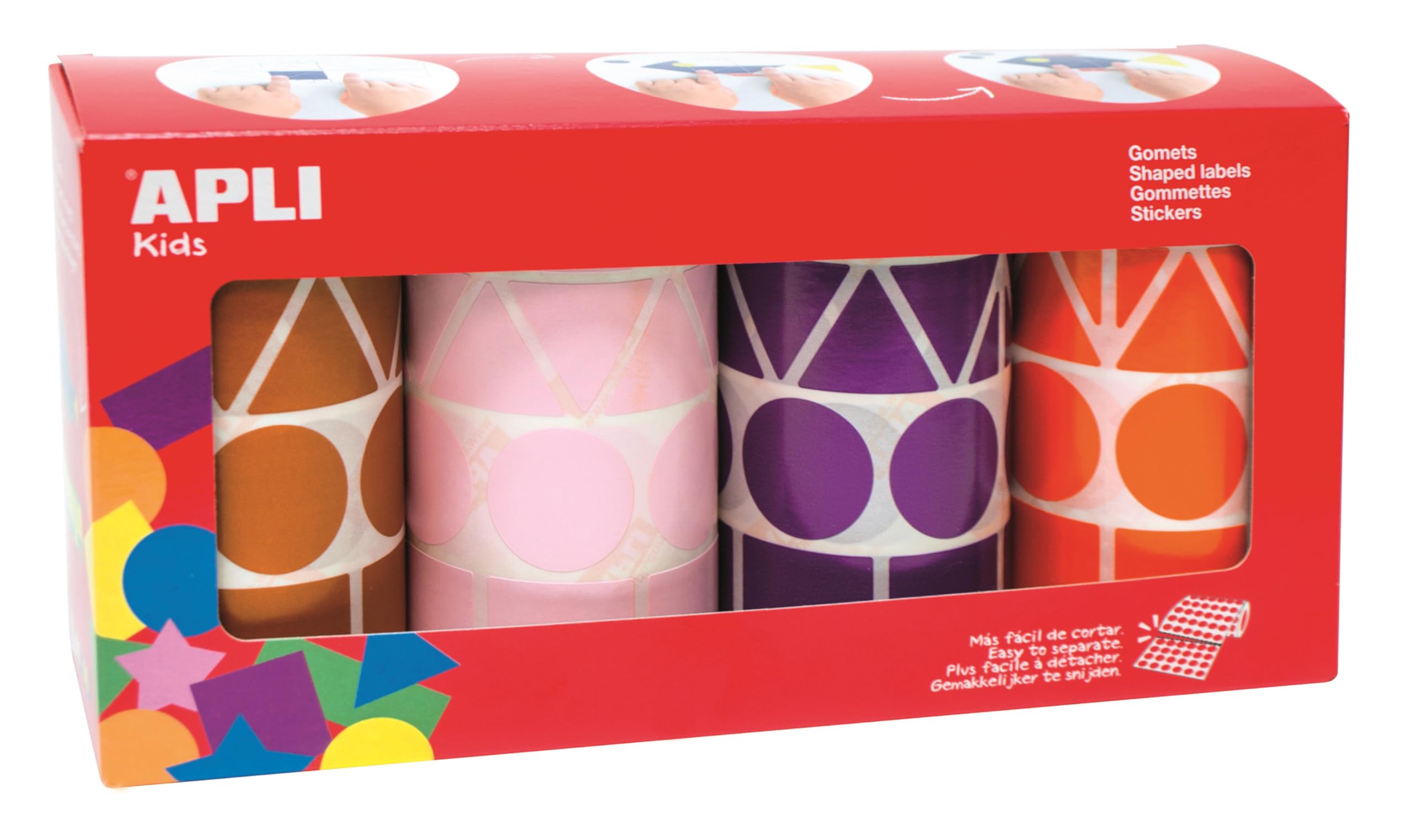 Apli Kids 11913 Set of 4 Rolls of Stickers Assorted Shapes and Colours, Brown/Pink/Purple/Orange
