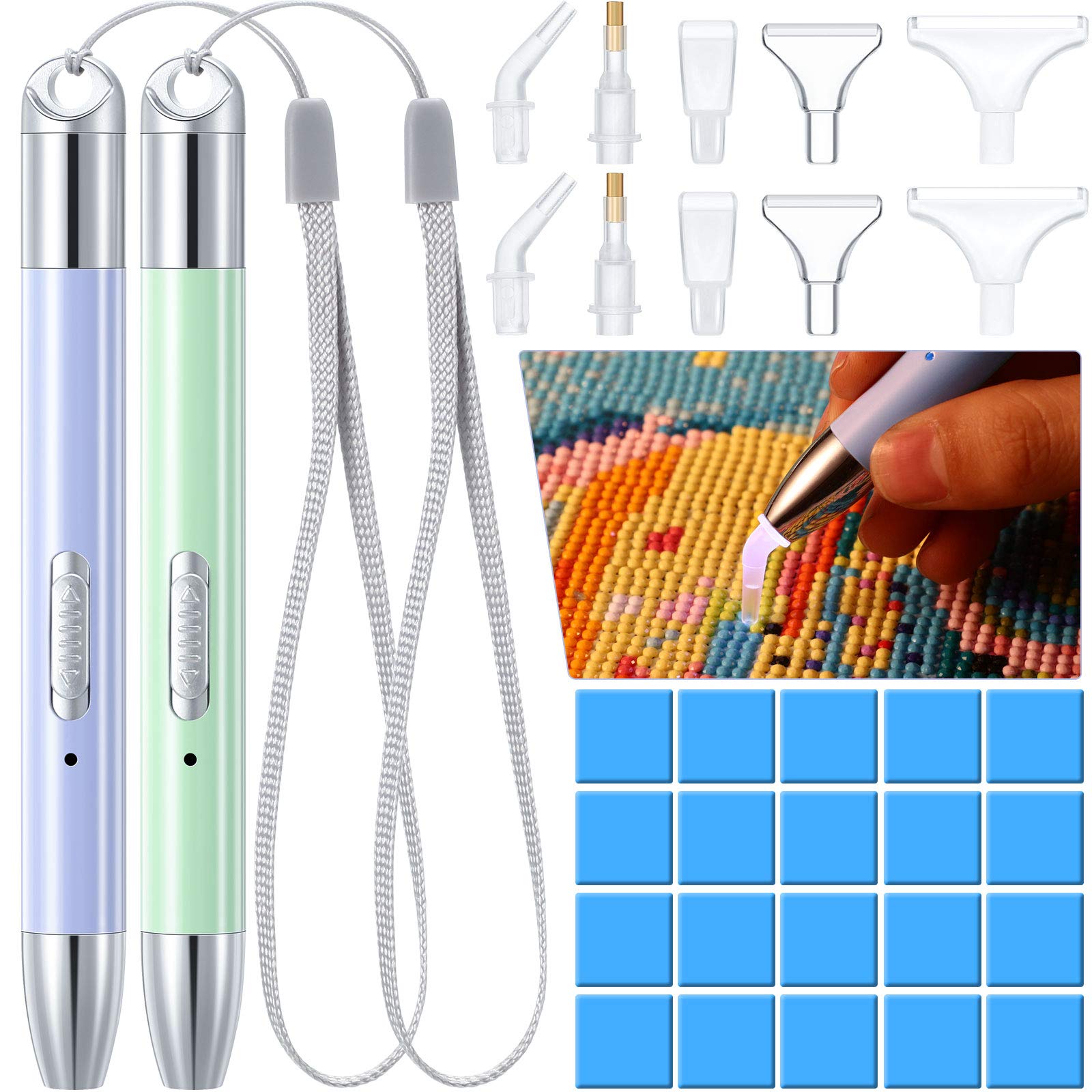 2 Pieces LED Diamond Painting Pen 5D Diamond Painting Pen Point Drill Pen USB Rechargeable Lighting Drill Pen with 10 Pieces Pen Head and 20 Pieces Glue Clay for Kids DIY Handicraft (Green, Purple)