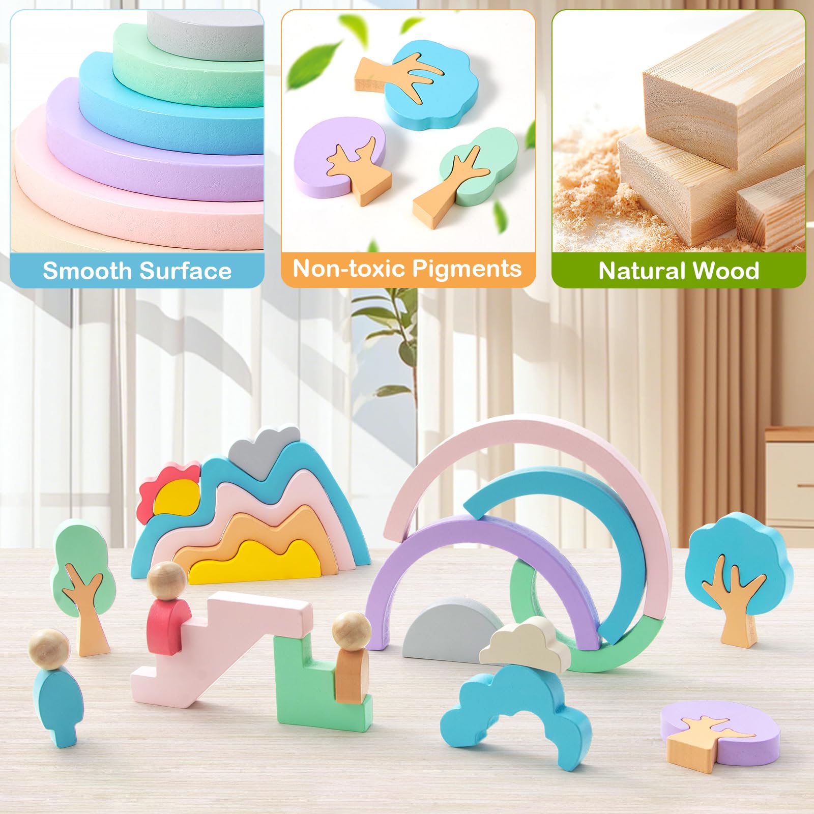 Lewo Wooden Building Blocks for Toddlers, 46 Pcs Montessori Stacking Toys with Rainbow/Little People/Tree/House/Mountain, Learning Toddler Toys Birthday Gifts for Baby Kids 3 4 5 Years Old