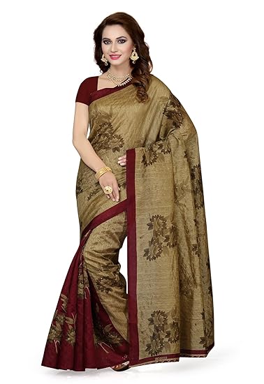Bhagalpuri Art Silk Brown & Maroon Floral Design Printed Women Saree