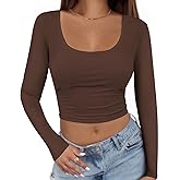 Buauty Women's Long Sleeve Square Neck Crop Tops, Ribbed Knit Slim Fitted Casual Basic Y2K Crop Top Tee Blouse Retro