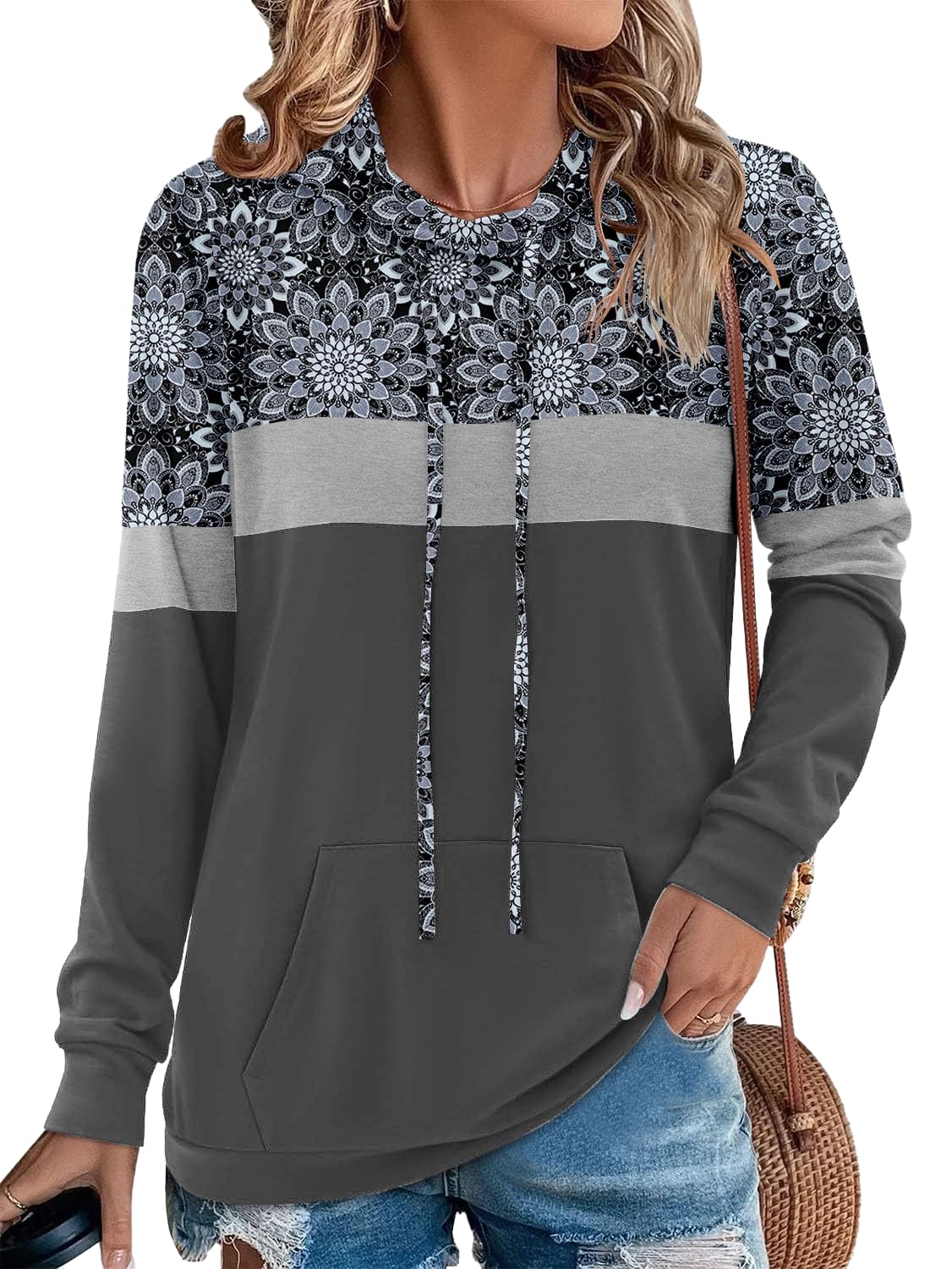 Women's Long Sleeve Colour Block Crew Neck Pullover with Pockets Hoodie Knitted Casual