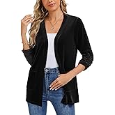 LADI TREND Velvet Cardigans for Women's Ruched 3/4 Sleeve Open Front Collarless Casual Office Work Velvet Cardigan Pockets