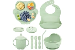 Bnditeu Baby Weaning Set, Silicone Baby Feeding Set(10 Pcs), Toddler Weaning Set with Adjustable Bib, Suction Bowl, Plate, Fork, Spoon, Water & Snack Cup Kit, Baby Led Weaning Kit for Babies and Kids