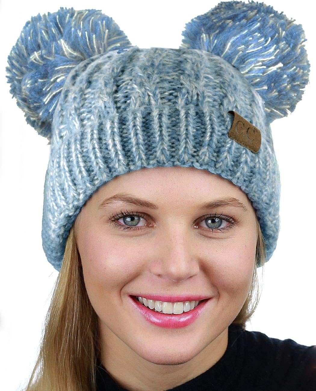 C C 2 Ear Pom Pom Cable Knit Soft Stretch Cuff Skully Beanie Hat 2 Tone Denim At Amazon Women S Clothing Store