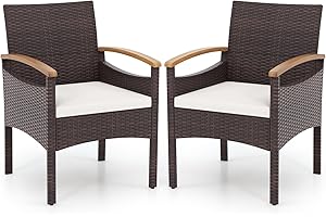 Tangkula Patio Dining Chairs Set of 2, Outdoor Rattan Cushioned Chairs with Acacia Wood Armrest, Heavy Duty Metal Frame, for 