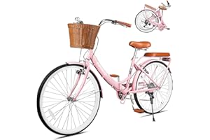 esheno 26 Inch Foding Women Beach Cruiser Bike, 7 Speed Foldable Cruiser Bike with Adjustable Seat, Folding Commute Bike with Lightweight, Anti-Skid Tires & V-Brakes for Women
