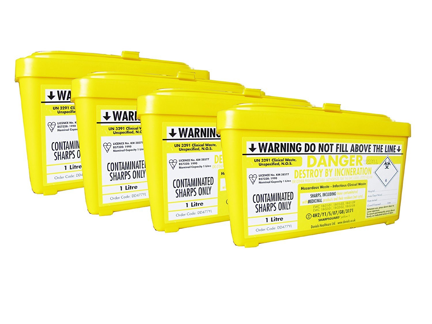 Sharpsguard Bin, 1 Litre, Yellow, Pack of 4