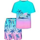 AuSletie Boys Two Piece Rash Guard Swimsuits Sets Kids Short Sleeve Swimsuits Bathing Suit with Swim Trunks Swimwear Set