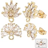 Beebeecraft 4 Pairs 2 Styles Cubic Zirconia Stud Earring Findings Brass Flower Earring Post with Loop for Jewelry Making DIY Crafts