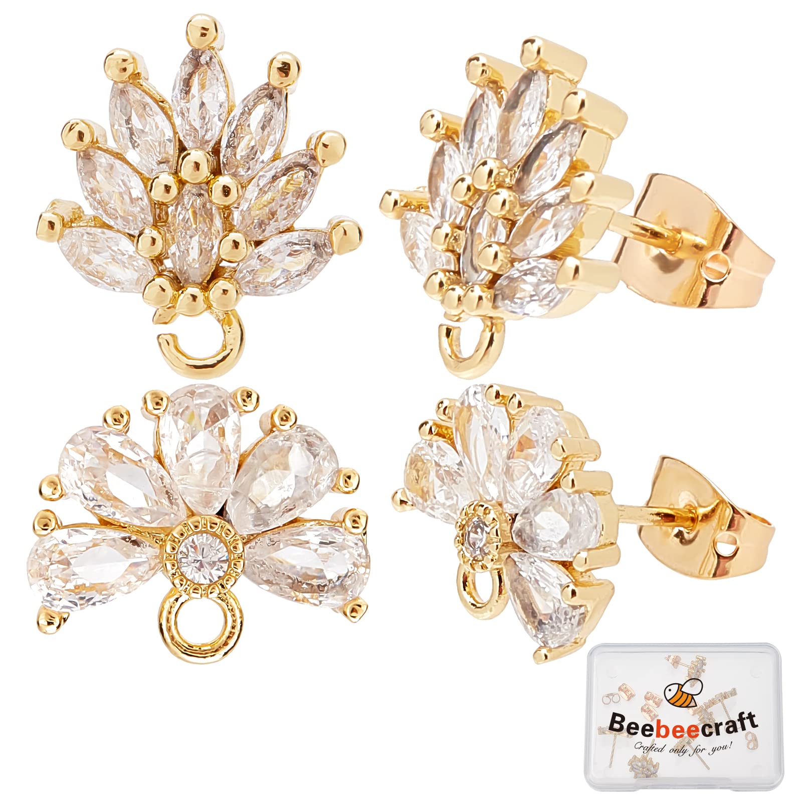 Beebeecraft 4Pairs 2 Style Brass Cubic Zirconia Post Stud Flower Earring Findings with Loop for Women Girl Jewelry Making DIY Crafts