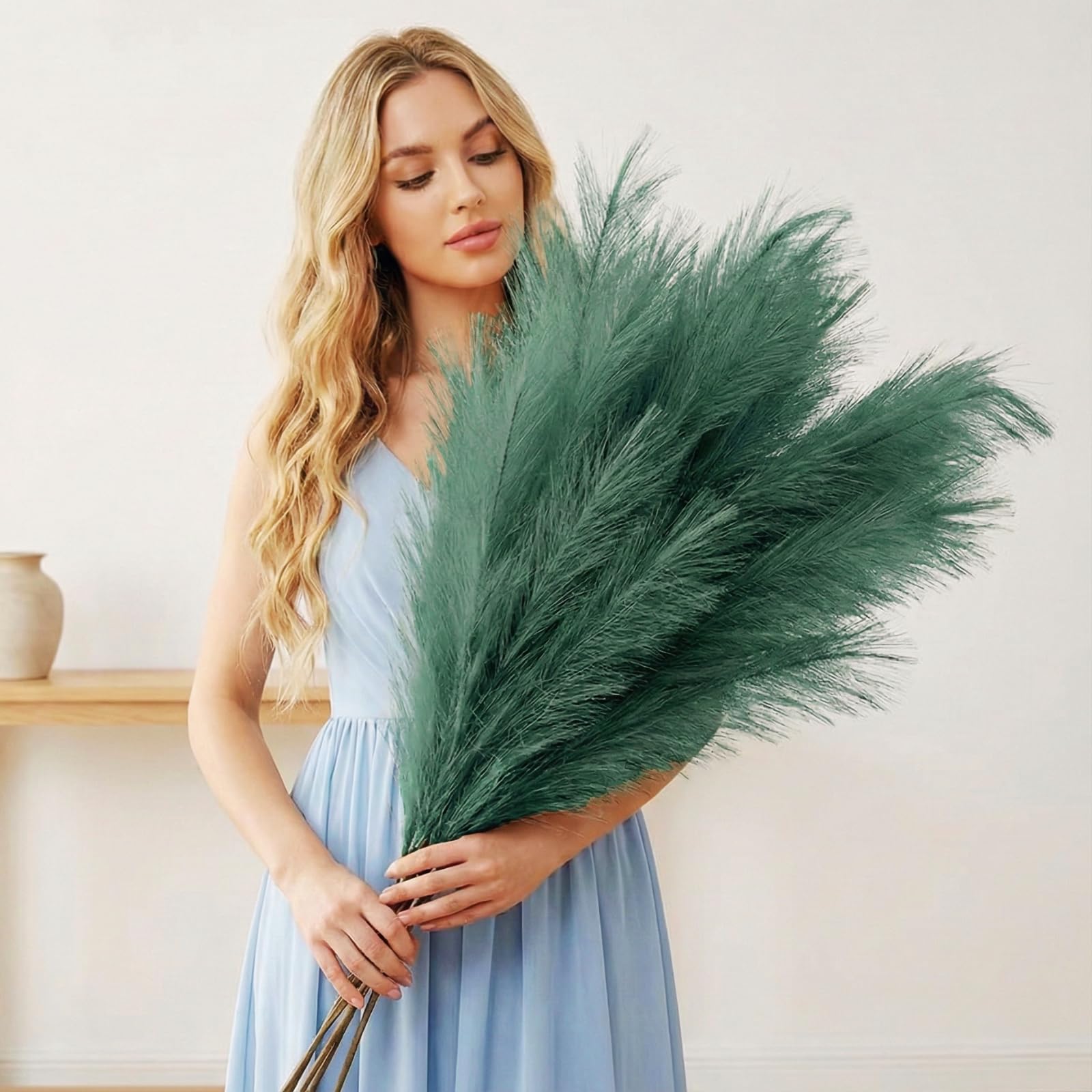 Large Green Pampas Grass Artificial For Sage Green Living Room Accessories, Tall Artifificial Plants Indoor For Tall Floor Vase, 3 x Stems Teal Feathers Teal Bedroom Accessories