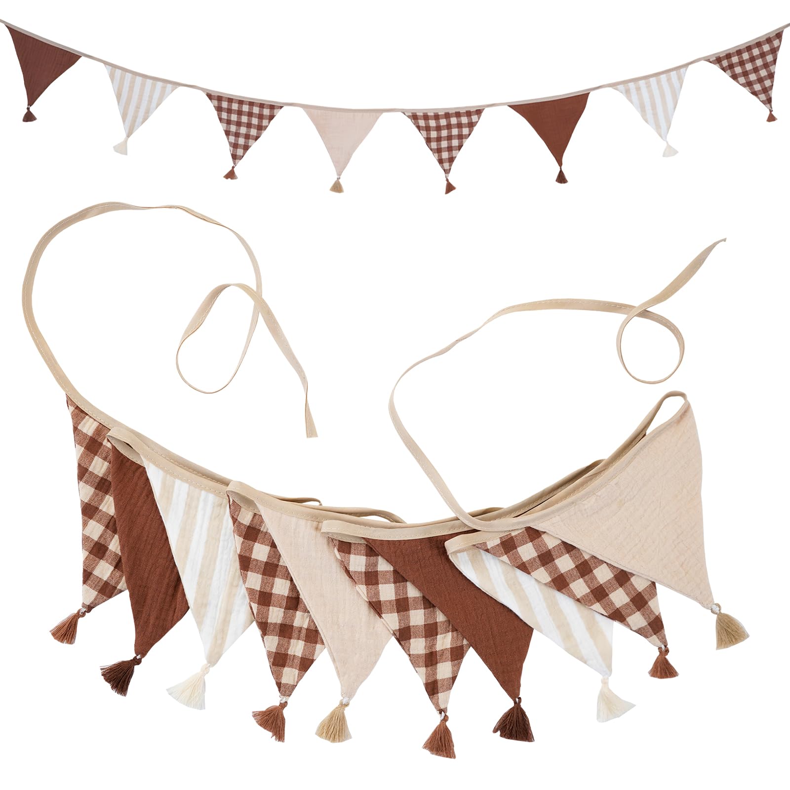 G2PLUS Muslin Fabric Bunting with Tassel: 10PCS Double Sided Cotton Garland, 2.6m Nursery Fabric Triangle Banner for Nursery, Bedroom, Baby Shower, Brithday Party Decoration, Brown — image 1