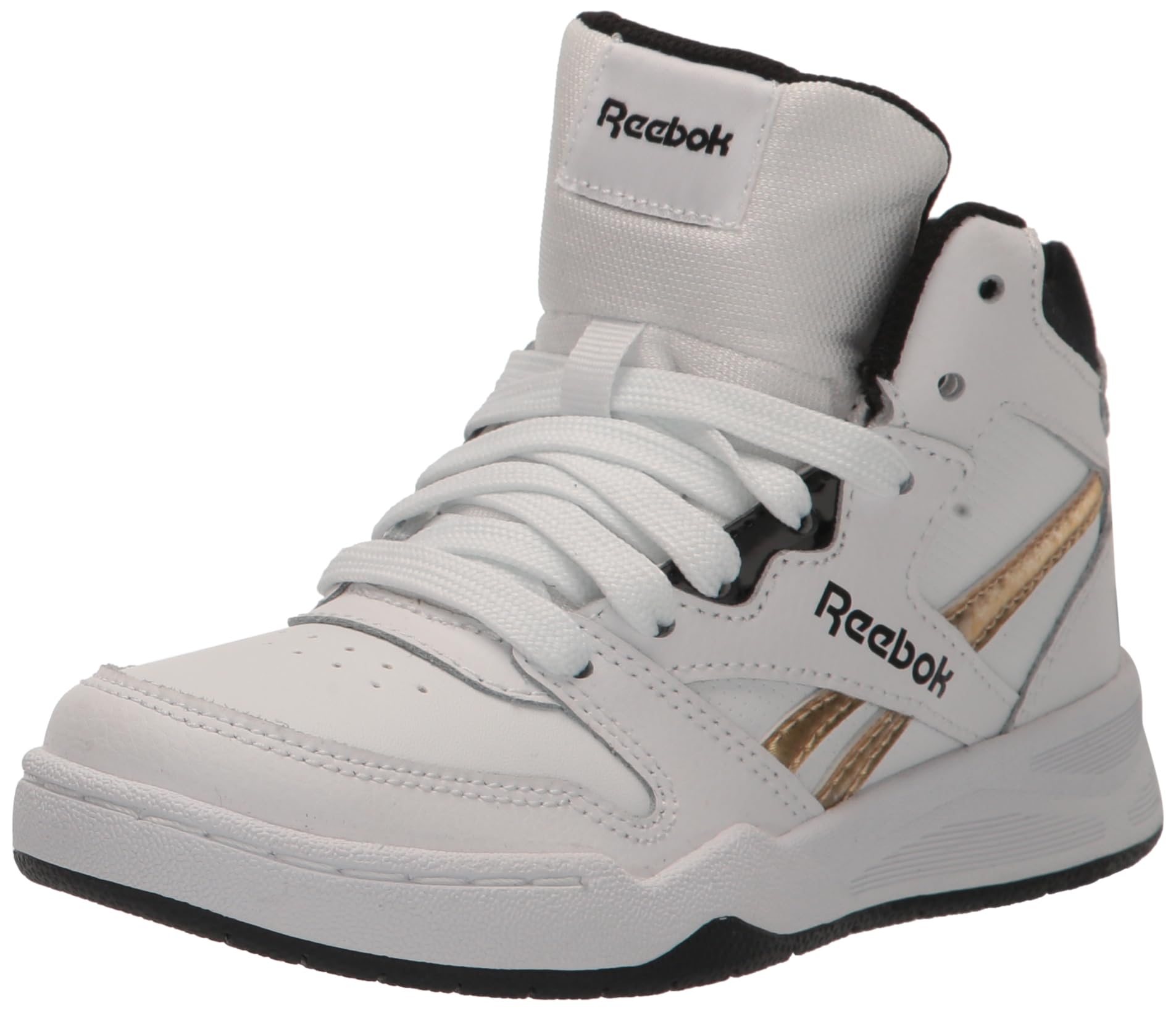 Reebok Boy's BB4500 Court Sneaker, White/Black/Gold Metallic, 7 Little Kid Image