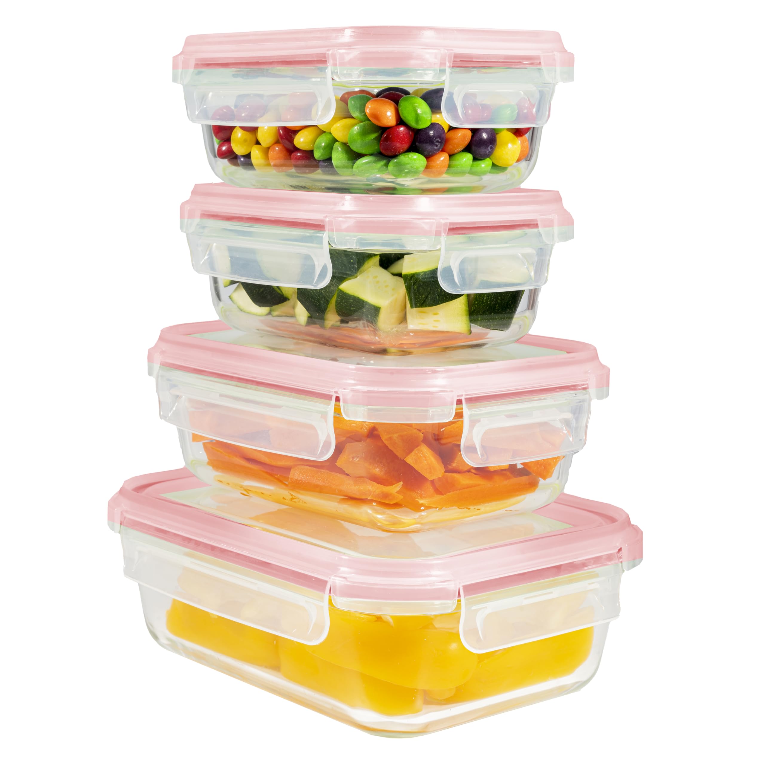Home Fleek Rectangular Airtight Glass Food Containers with Lids - Stackable Food Storage Containers, Space Saving, Airtight, Microwave, Oven and Freezer Safe Meal Prep (Set of 4, Red)