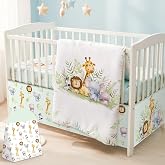 Hahafelt 4 Pieces Crib Bedding Set for Girls and Boys, Wildlife Theme | Soft Baby Bedding Including Skirt, Comforter, Fitted Sheet, Diaper Stacker, Nursery Essentials for Infant Room Decor