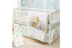 Hahafelt 4 Pieces Baby Crib Bedding Set for Girls and Boys, Soft Baby Bedding Set Including Crib Skirt, Comforter, Sheet and Diaper Stacker for Nursery (Wildlife Theme)