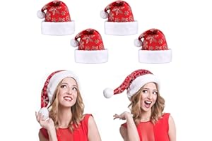 LessMo 4 Pcak Christmas Santa Hat, Santa Hat Adults Christmas Hats, Reusable Double Liner Plush with Snowflake Pattern, for Children Kids Christmas New Year Festive Holiday Party Supplies