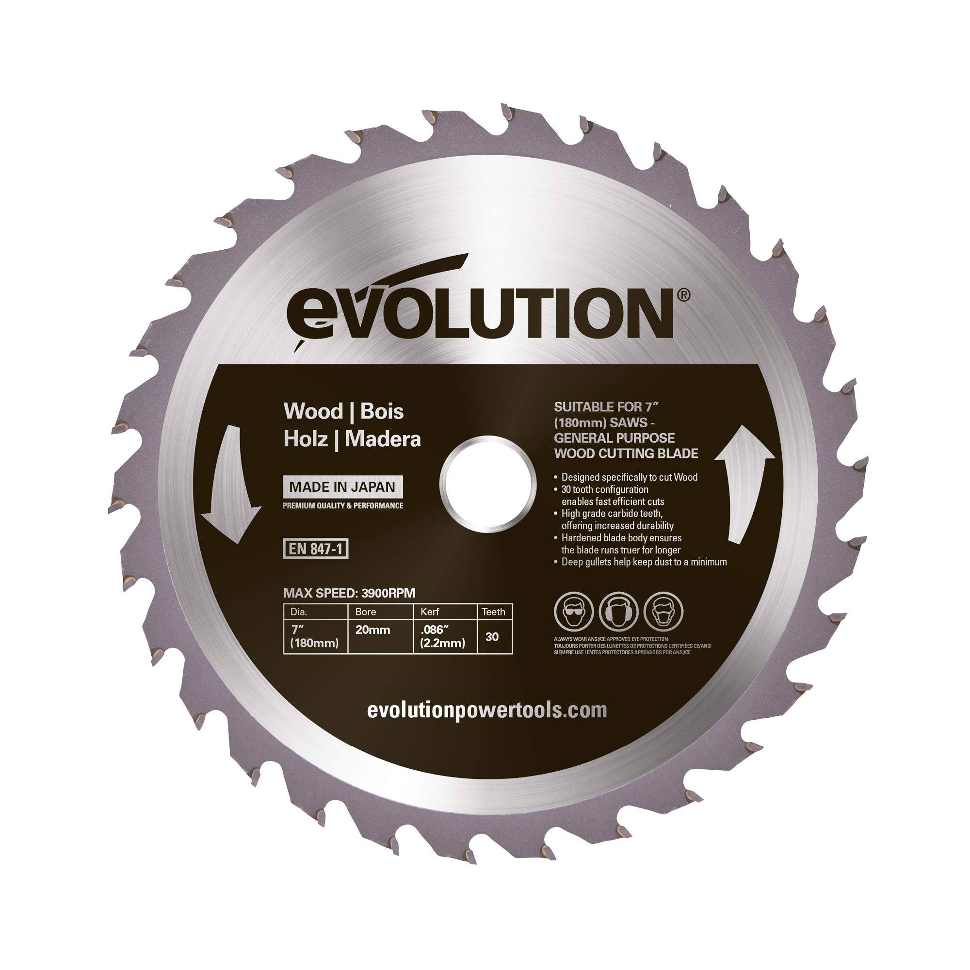 Evolution Power Tools GW180TCT-30CS General Wood Carbide Tipped TCT Blade, For Circular Saws and Mitre Saws, Smooth and Fast Cuts In Wood, Clean, Splinter Free Cut, 30 Teeth, 180 mm