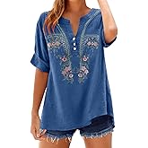 Cotton Linen Embroidered Peasant Blouses for Women Short Sleeve Mandarin Collar Henley Boho Tops Mexican Blouse Shirts