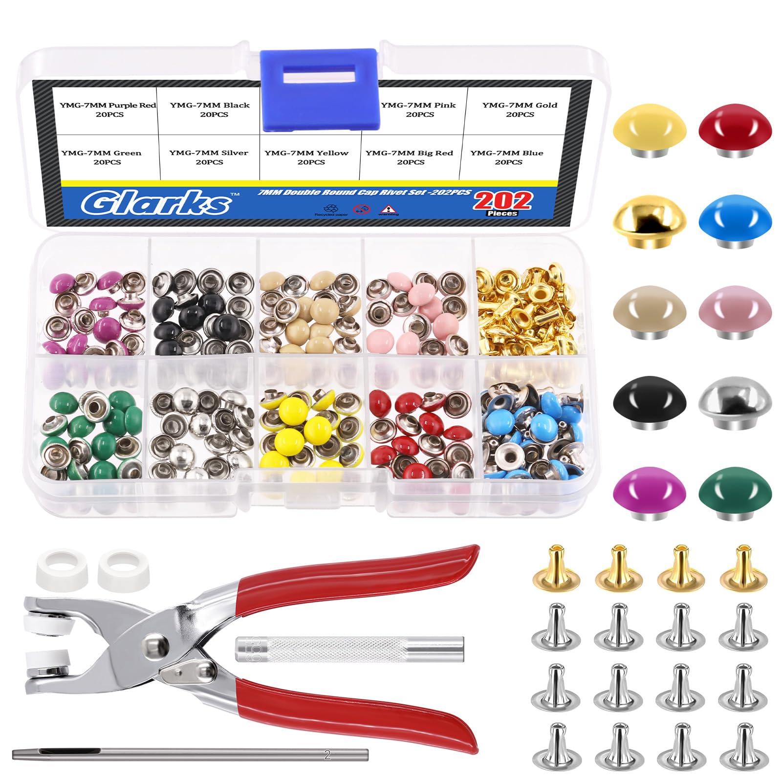 GLARKS 200 Set Leather Rivets Kit - 7mm Double Round Cap Rivets, 10 Colors, Metal Studs with Setting Tool Kit for Craft Repairs & Decoration