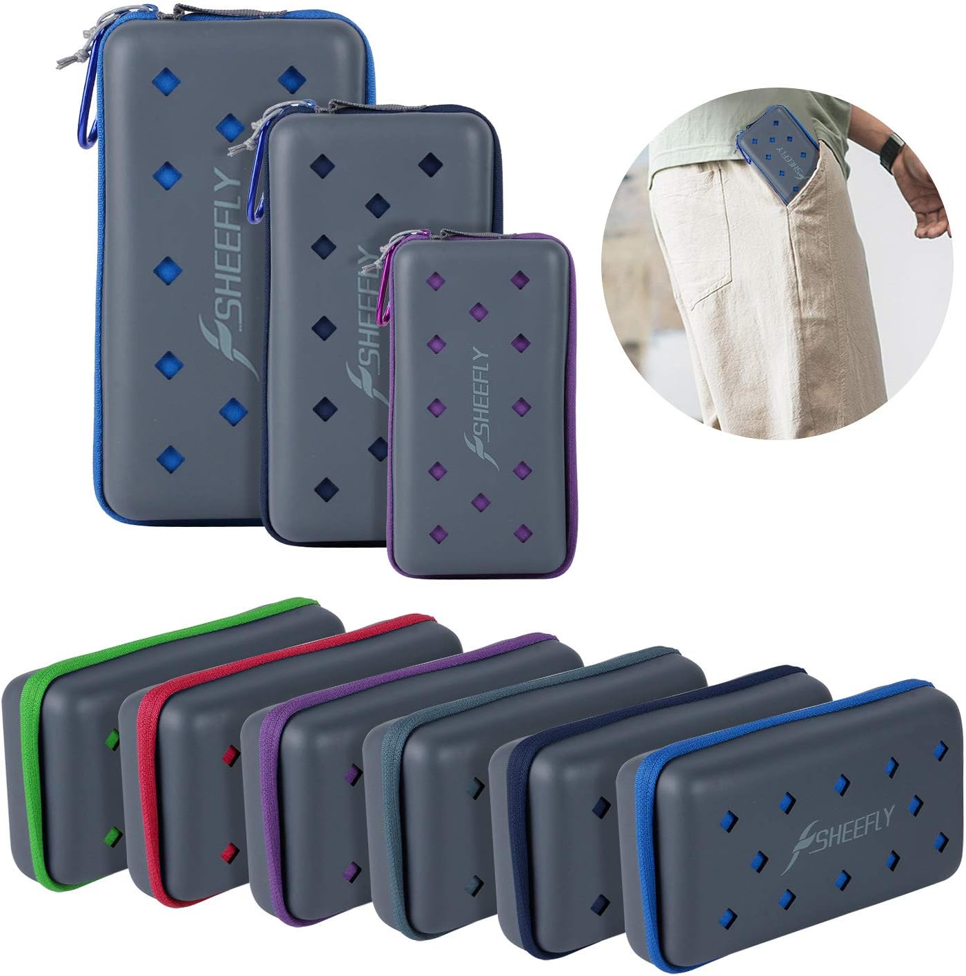 SHEEFLY Microfiber Sport Towel Set (S,M,L,XL) - Quick Dry, Ultra Light,Super Absorbent Towel Beach Towels for Travel, Camp, Yoga, Gym, Golf, Pool, Swim, Spa + EVA Case & Carabiner