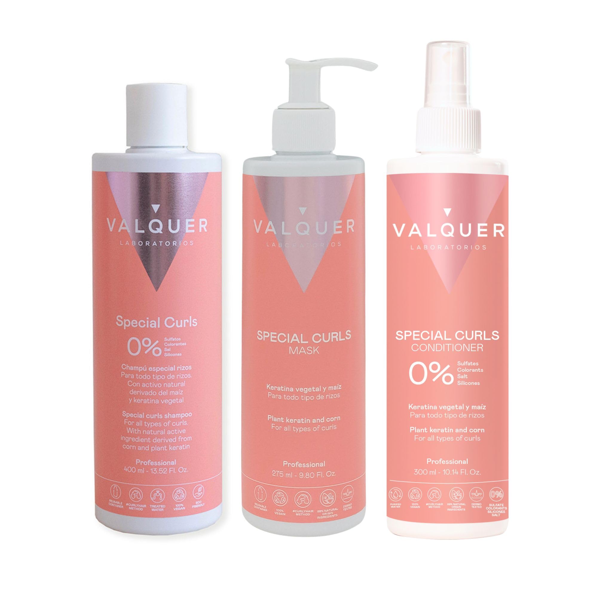 Valquer Special Pack Curls Shampoo 400 ml, Mask 275 ml and Conditioner 300 ml. Treatment of Curly Hair Curly Method Defined Curls. Moisturizes and Softens with Vegetable and Corn Keratin. Vegan