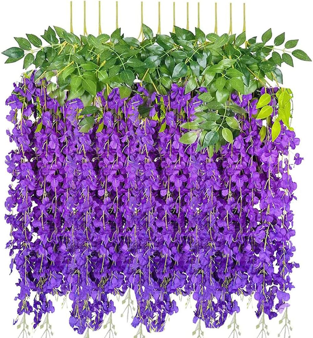 SZJH 12pcs 3.6 Feet/Piece Artificial Fake Wisteria Vine Ratta Hanging Garland Silk Flowers String Home Party Wedding Decor (Dark Purple)