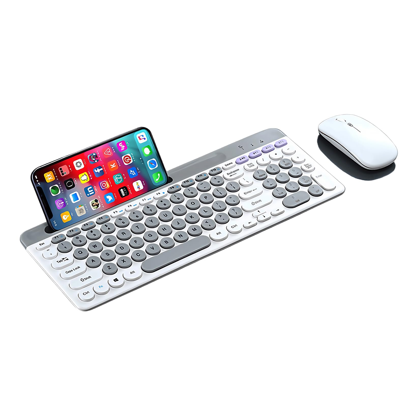 Photo 1 of Wireless Keyboard and Mouse Combo with Phone Tablet Holder, Rechargeable Dual-Mode (Bluetooth 5.0 and 3.0 +2.4G) Multi-Device Silent Mouse for Windows, iPad, Tablet, MacOS,iOS,Android (Grey+White)