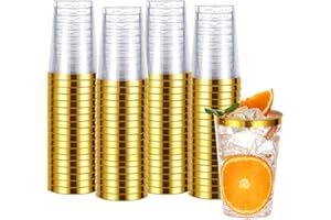 60PCS 12oz Plastic Cups with Gold Rim, Clear Plastic Cups, Heavy-Duty Disposable Hard Plastic Glasses, Party Cups for Wedding