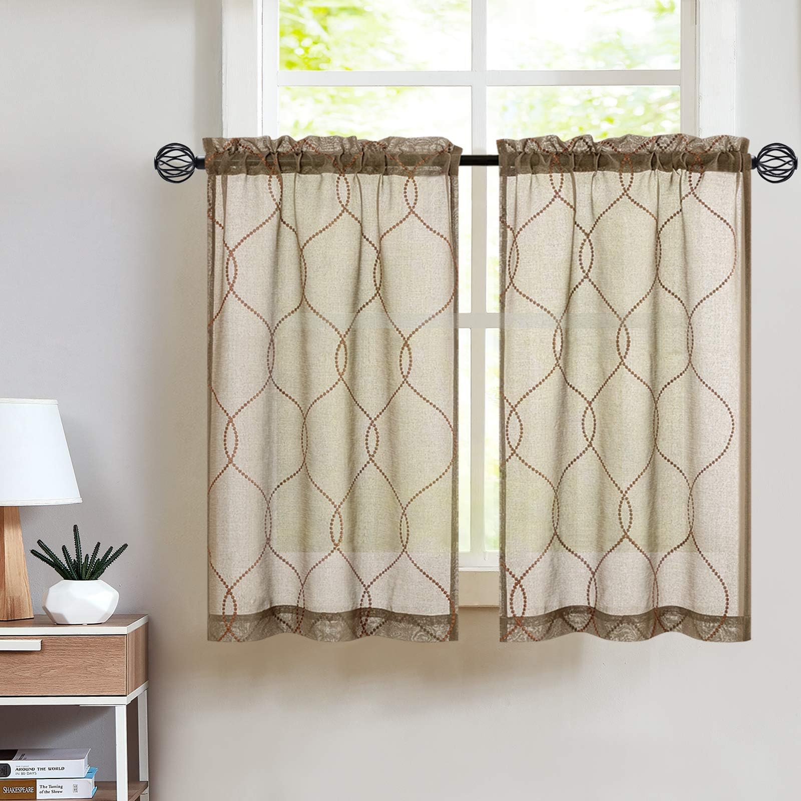 Vangao Kitchen Curtains and Valances Set Brown Kitchen Curtains 3 Piece Set 24 Inch Length Embroidered Moroccan Trellis Pattern Light Diffusing Sheer Kitchen Curtains Valances