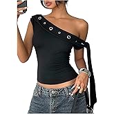 SweatyRocks Women's One Off The Shoulder Tops Tie Knot Slim Fit Going Out Y2K Punk Crop Top