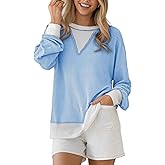 BLENCOT Long Sleeve Shirts for Women Crewneck Knitted Color Block Casual Top