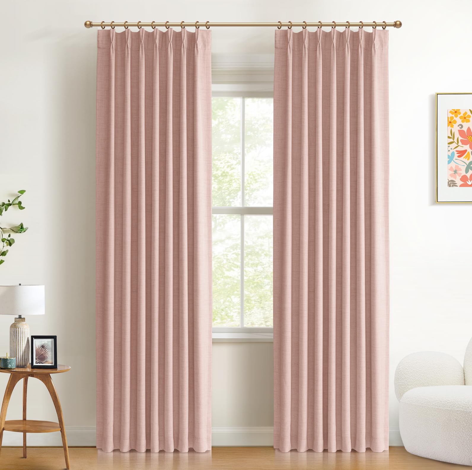 Photo 1 of 100% Blackout Shield Linen Look Textured Pinch Pleated Curtains Blackout Drapes 96 Inch Long 2 Panels Set, Faux Linen Blackout Curtains for Bedroom & Living Room, 40" W x 96" L, Blush Pink