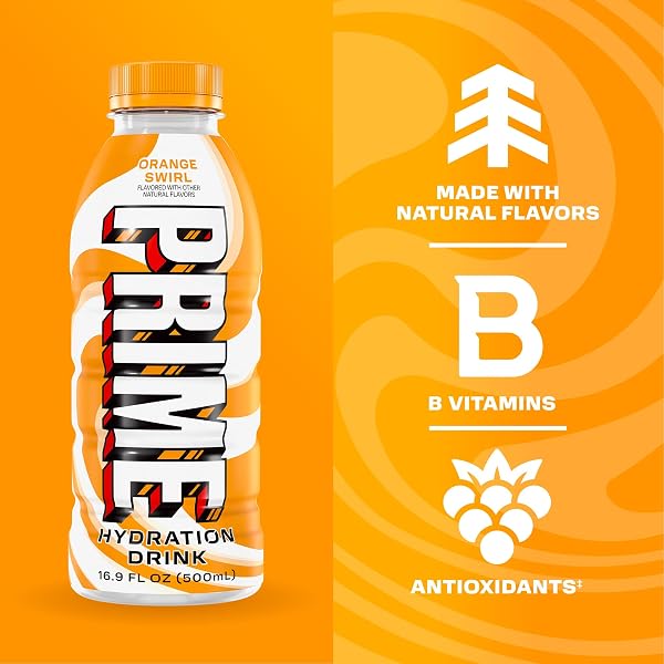 PRIME HYDRATION ORANGE SWIRL, SUGAR FREE SPORTS DRINKS, ELECTROLYTE ENHANCED TO REPLENISH FLUIDS, B VITAMINS, ANTIOXIDANTS, MADE WITH NATURAL FLAVORS, 16.9 FL OZ 12 PACK