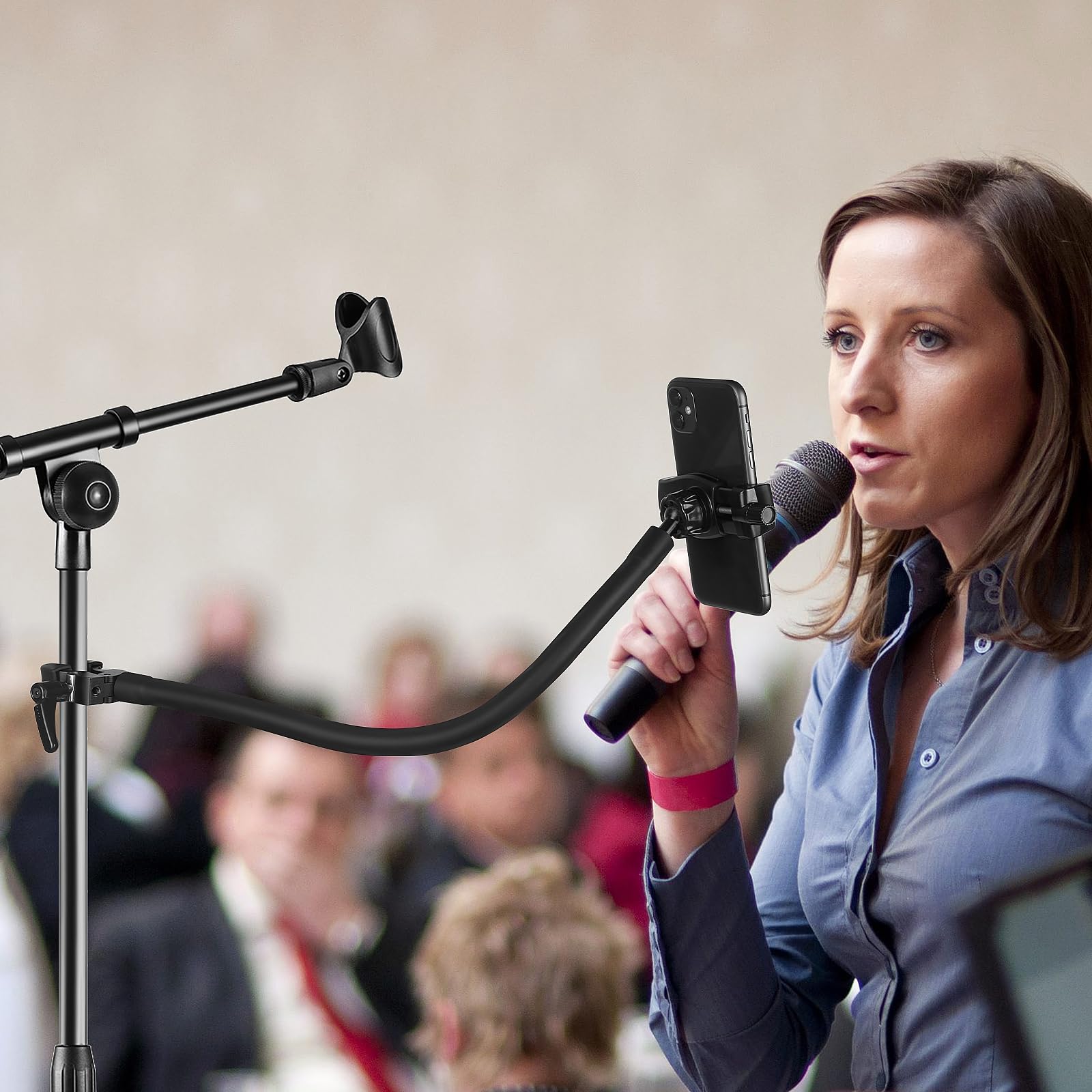 Mippko Gooseneck Phone Holder for Mic Stand/Music Stand/Stroller/Treadmill/Spin Bike/Exercise Bicycle,50 cm Long Flexible Gooseneck Arm Super Crab Clamp Mount,Compatible with 3.5~7.5