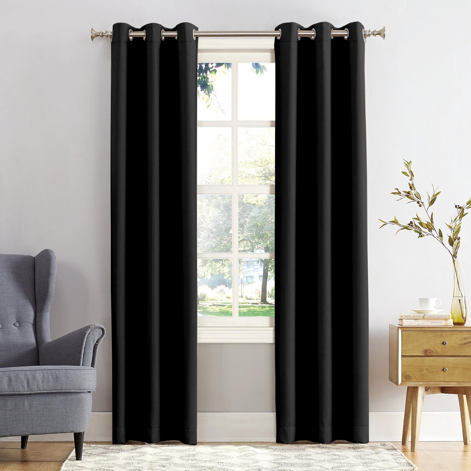 REHAN & CO Blackout Curtains for Bedroom Super Soft Thermal Insulated Black Out Eyelet Curtains with Tie Backs for Living Room, Kitchen Black (W66 x L54 Inch 2 Panels)
