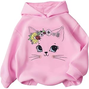 PATPAT Girls Graphic Hoodies Cute Print Pullover Hooded Sweatshirt 4-14Y | Long Sleeve, Cat Ear Hood, Cotton Blend, Ribbed Cu