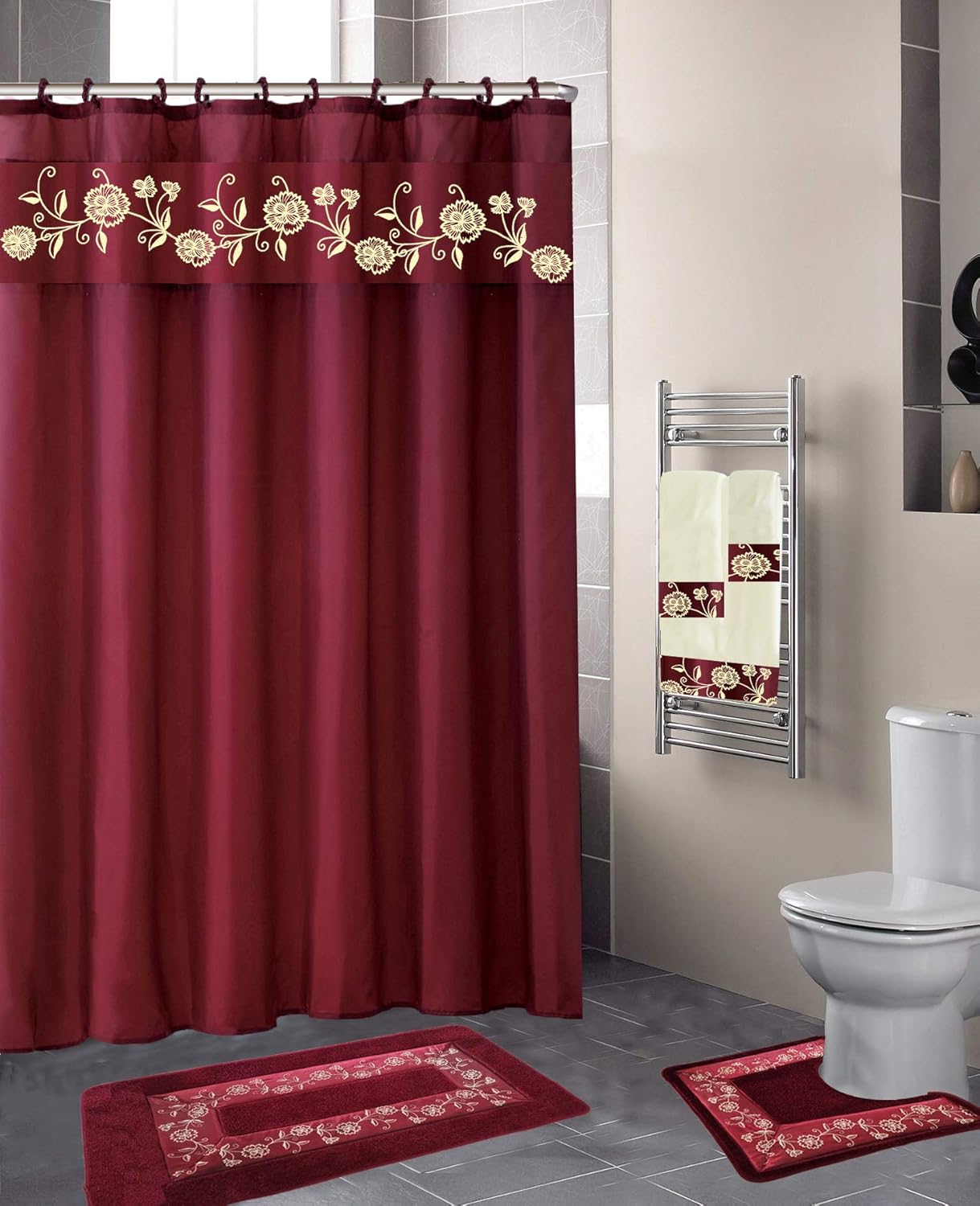 Luxury Home Collection 18 Pc Bath Rug Set Embroidery Non Slip Bathroom Rug Mats And Rug Contour And Shower Curtain And Towels And Rings Hooks And Towels New Burgundy Bathroom Accessory Sets Home