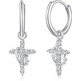 Crown Cross Earrings for Women 925 Sterling Silver Dangle Earrings 14K Gold Plated Hypoallergenic Huggie Hoop Earrings Cubic Zirconia Earrings Religious Jewelry Easter Baptism Christian Gifts