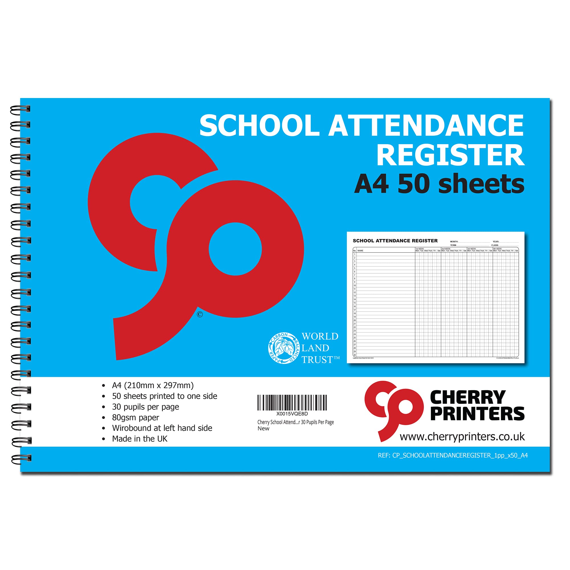 Cherry School Attendance Register Book, A4, 50 Pages, Space for 30 Pupils Per Page