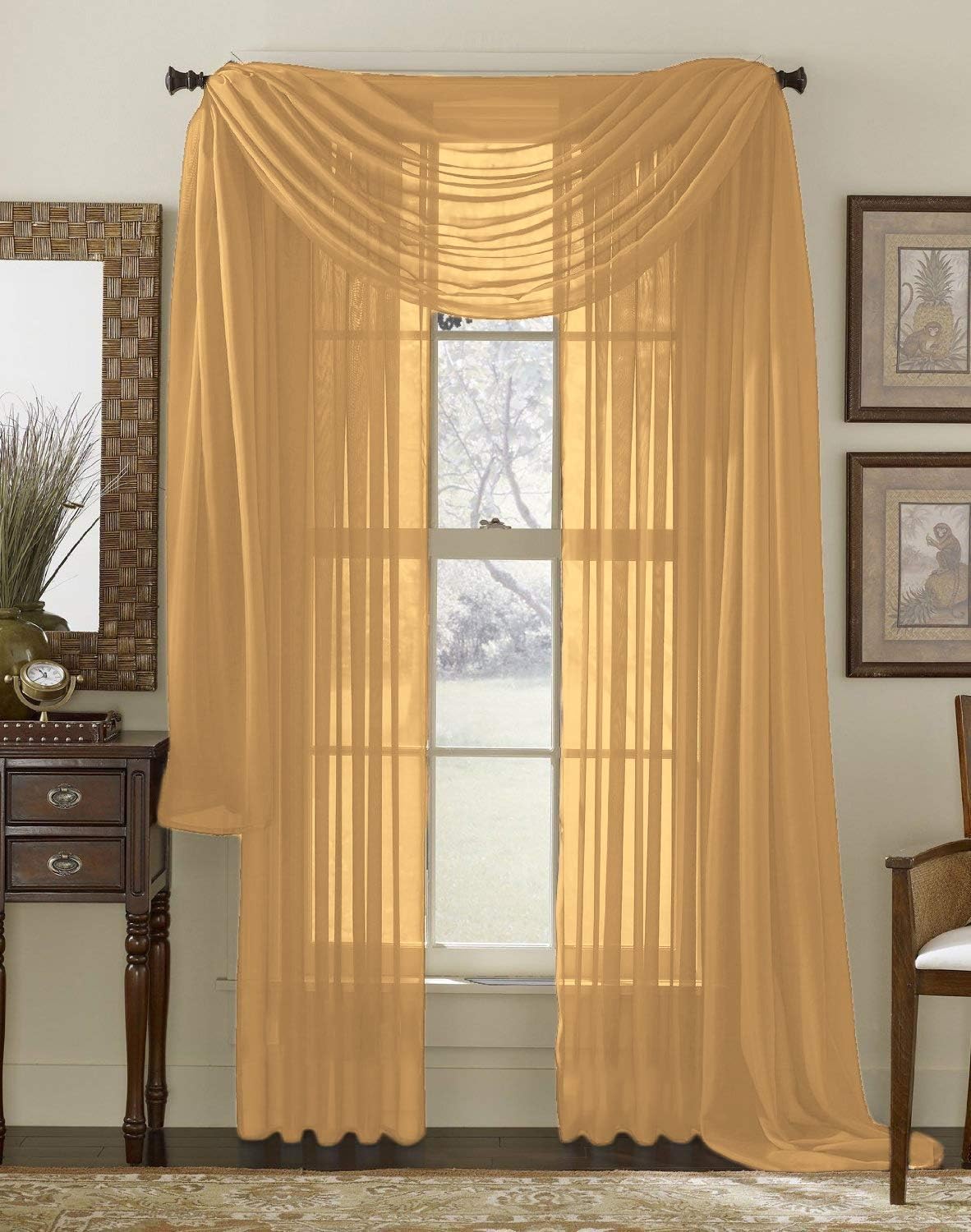 Interior Trends 3 Piece Fully Stitched Sheer Curtain Panel Window Drapes and Scarf Set of 2 Panels and 1 Matching Scarf 95" Long Gold B07XVGZHL7