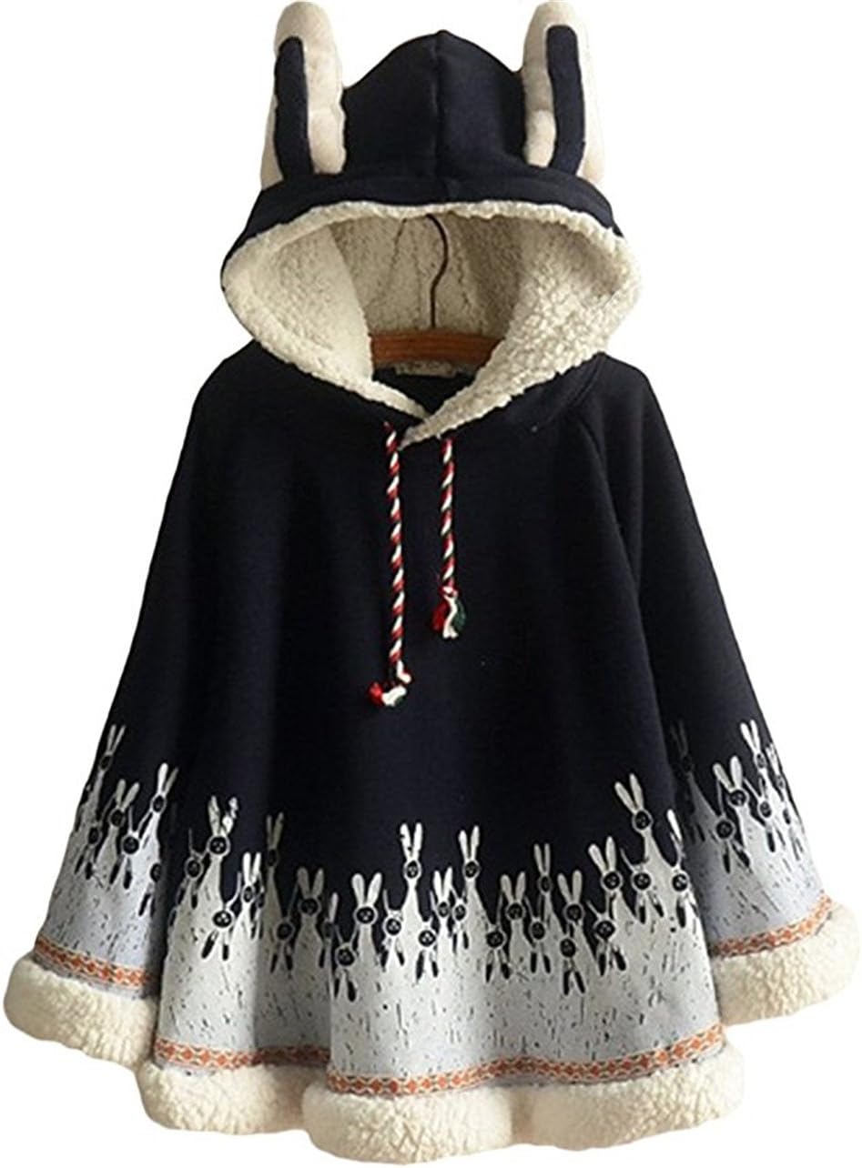 Autumn Winter Women Japanese Style Mori Girl Cute Cartoon Rabbit Ear Loose Hooded Cape Hoodies Cotton Casual Cloak Outerwear