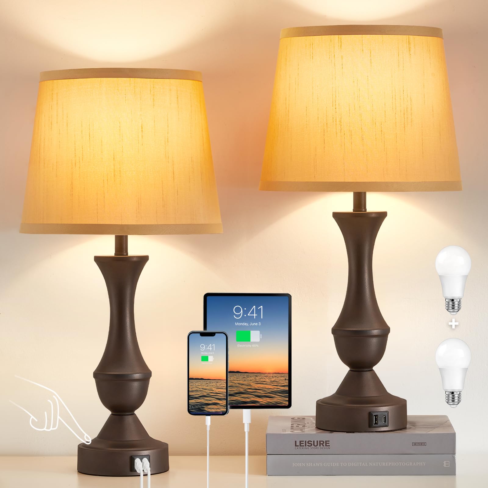 Luvkczc 22" Table Lamp Set of 2 - Farmhouse Vintage Brown Bedside Lamp with Brown Fabric Shade, Dimmable, USB C+A Ports, Nightstand Lamp for Living Room Bedroom (Bulb Included) Image