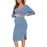 guruixu Wrap V Neck Maternity Sweater Dress Rib Knit Batwing Open Back Slit Pregnancy Dresses for Baby Shower Maternity Photoshoot Outfits Sky Blue