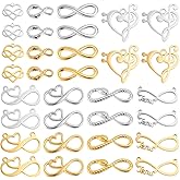 PH PandaHall 32pcs 8 Styles 304 Stainless Steel Infinity Connector Charms Heart Symbol Charm, Silver Gold Infinity Love Links Jewelry Connector for Bracelets Necklaces Jewelry Making